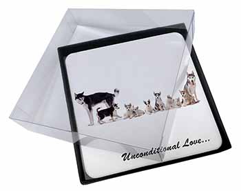 4x Siberian Husky Family with Love Picture Table Coasters Set in Gift Box