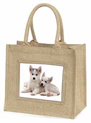 Siberian Huskies Natural/Beige Jute Large Shopping Bag
