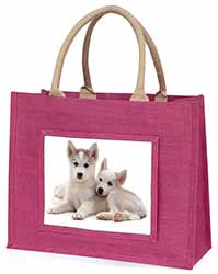 Siberian Huskies Large Pink Jute Shopping Bag