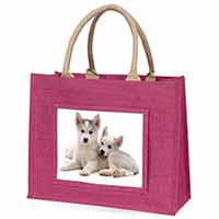 Siberian Huskies Large Pink Jute Shopping Bag