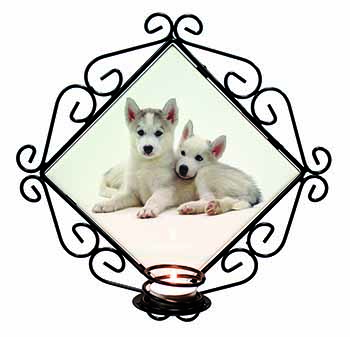 Siberian Huskies Wrought Iron Wall Art Candle Holder