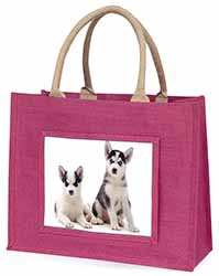 Siberian Huskies Large Pink Jute Shopping Bag