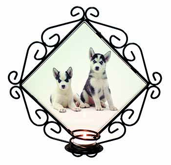 Siberian Huskies Wrought Iron Wall Art Candle Holder