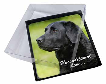 4x Black Labrador-With Love Picture Table Coasters Set in Gift Box