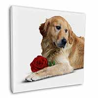 Golden Retriever with Red Rose Square Canvas 12"x12" Wall Art Picture Print