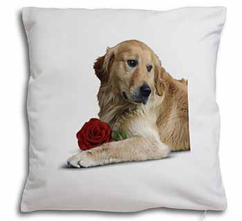 Golden Retriever with Red Rose Soft White Velvet Feel Scatter Cushion