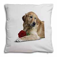 Golden Retriever with Red Rose Soft White Velvet Feel Scatter Cushion