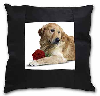 Golden Retriever with Red Rose Black Satin Feel Scatter Cushion