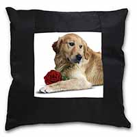 Golden Retriever with Red Rose Black Satin Feel Scatter Cushion