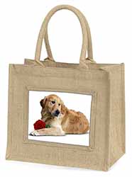 Golden Retriever with Red Rose Natural/Beige Jute Large Shopping Bag