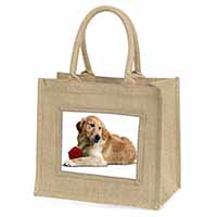 Golden Retriever with Red Rose Natural/Beige Jute Large Shopping Bag