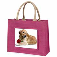 Golden Retriever with Red Rose Large Pink Jute Shopping Bag
