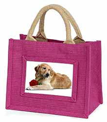 Golden Retriever with Red Rose Little Girls Small Pink Jute Shopping Bag