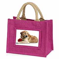 Golden Retriever with Red Rose Little Girls Small Pink Jute Shopping Bag