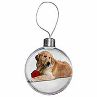 Golden Retriever with Red Rose Christmas Bauble