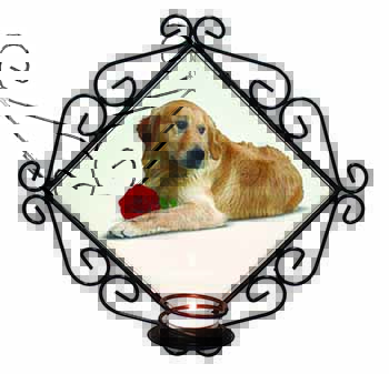 Golden Retriever with Red Rose Wrought Iron Wall Art Candle Holder
