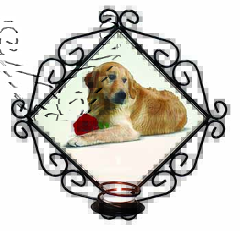 Golden Retriever with Red Rose Wrought Iron Wall Art Candle Holder