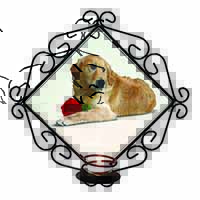 Golden Retriever with Red Rose Wrought Iron Wall Art Candle Holder