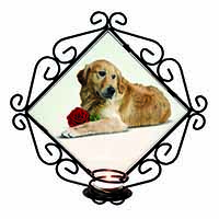 Golden Retriever with Red Rose Wrought Iron Wall Art Candle Holder