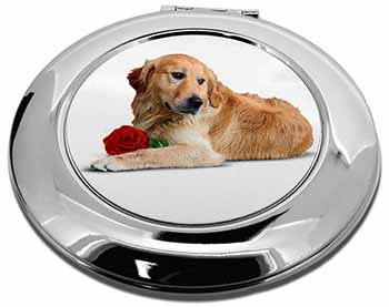 Golden Retriever with Red Rose Make-Up Round Compact Mirror