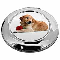 Golden Retriever with Red Rose Make-Up Round Compact Mirror