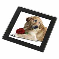 Golden Retriever with Red Rose Black Rim High Quality Glass Coaster