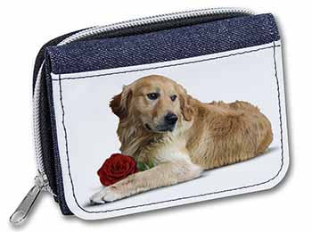 Golden Retriever with Red Rose Unisex Denim Purse Wallet