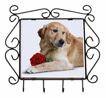 Golden Retriever with Red Rose Wrought Iron Key Holder Hooks