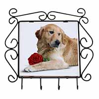 Golden Retriever with Red Rose Wrought Iron Key Holder Hooks