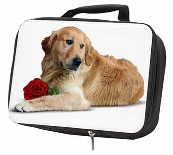 Golden Retriever with Red Rose Black Insulated School Lunch Box/Picnic Bag