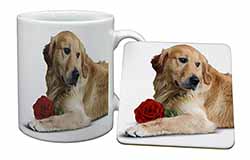 Golden Retriever with Red Rose Mug and Coaster Set