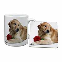 Golden Retriever with Red Rose Mug and Coaster Set