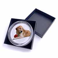 Golden Retriever with Red Rose Glass Paperweight in Gift Box