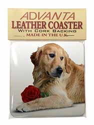 Golden Retriever with Red Rose Single Leather Photo Coaster