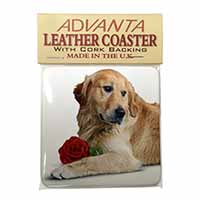 Golden Retriever with Red Rose Single Leather Photo Coaster