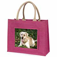 Yellow Labrador Dog Large Pink Jute Shopping Bag