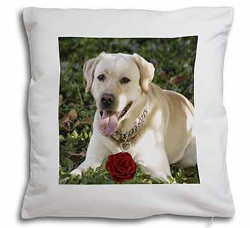 Yellow Labrador with Red Rose Soft White Velvet Feel Scatter Cushion