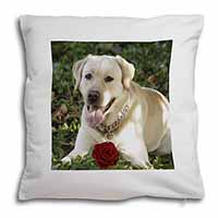 Yellow Labrador with Red Rose Soft White Velvet Feel Scatter Cushion