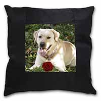 Yellow Labrador with Red Rose Black Satin Feel Scatter Cushion
