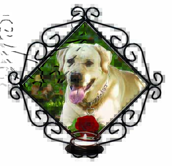 Yellow Labrador with Red Rose Wrought Iron Wall Art Candle Holder