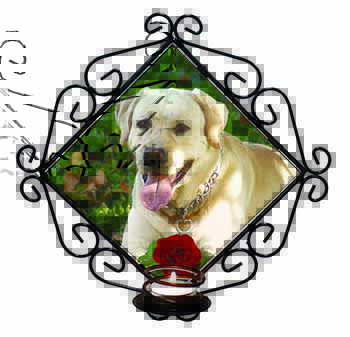 Yellow Labrador with Red Rose Wrought Iron Wall Art Candle Holder