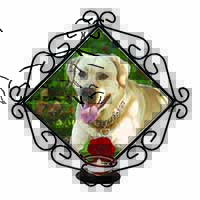 Yellow Labrador with Red Rose Wrought Iron Wall Art Candle Holder
