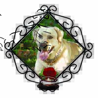 Yellow Labrador with Red Rose Wrought Iron Wall Art Candle Holder