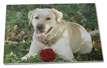 Large Glass Cutting Chopping Board Yellow Labrador with Red Rose