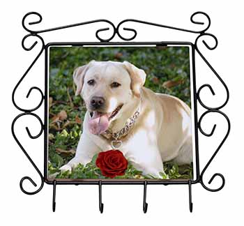 Yellow Labrador with Red Rose Wrought Iron Key Holder Hooks