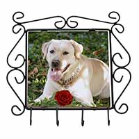 Yellow Labrador with Red Rose Wrought Iron Key Holder Hooks