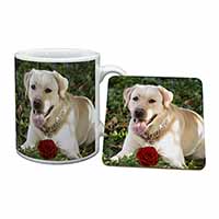 Yellow Labrador with Red Rose Mug and Coaster Set