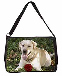 Yellow Labrador with Red Rose Large Black Laptop Shoulder Bag School/College