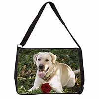 Yellow Labrador with Red Rose Large Black Laptop Shoulder Bag School/College