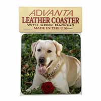 Yellow Labrador with Red Rose Single Leather Photo Coaster